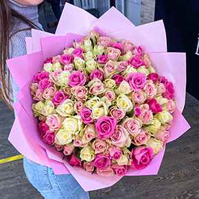 101 роза нежный микс кения  (30 см) в Москве